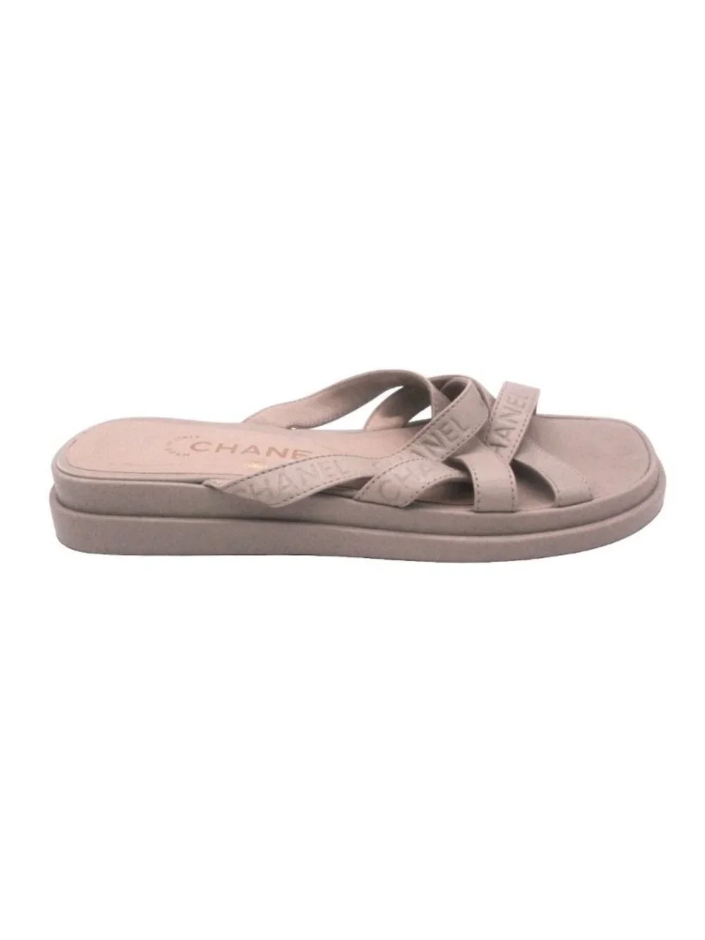 Chanel Sandals Leather Logo Cross Belt Strap Shoes Gray Green